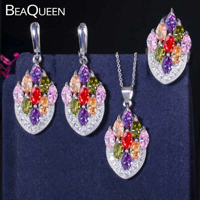 Женский комплект из 3 предметов BeaQueen ожерелье серьги и кольцо с разноцветным