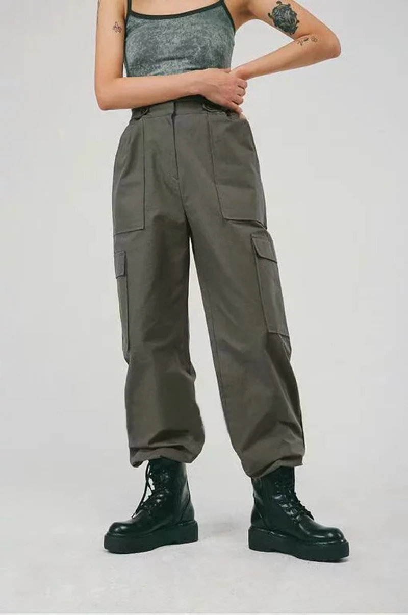 

Pinkou Women Fashion Cargo Pants Pockets Zipper Fly Straight Loose Leg Streetwear Chic Long Trousers KA87