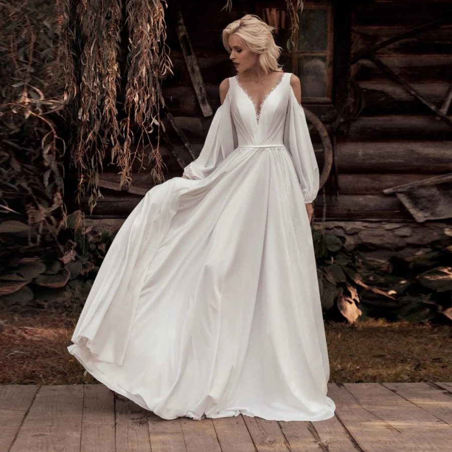 

Charming Wedding Dresses with Detachable Long Lantern Sleeves V-neck Floor Lenth Chiffon Wedding Dress Boho Robe Mariee