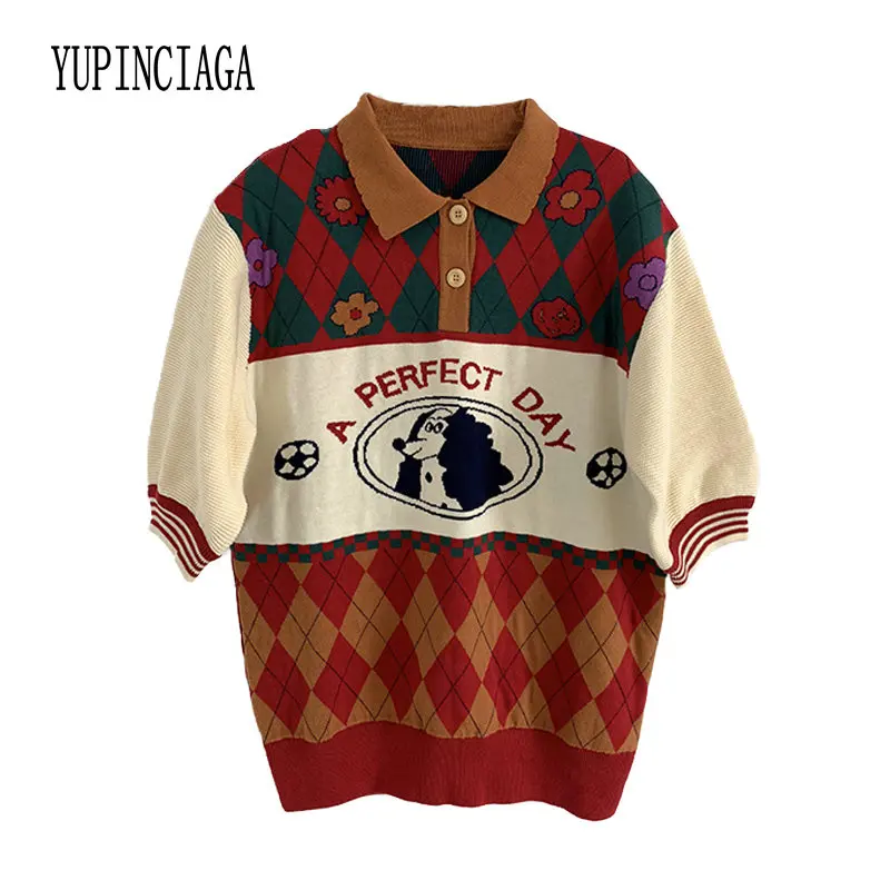 Женский трикотажный пуловер YUPINCIAGA жаккардовый свитер с отложным воротником и