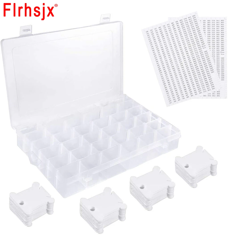 36 Grids Plastic Embroidery Floss Organizer Box & 50 Floss Bobbins & 2PCS Floss Number Stickers for Embroidery Sewing Storage