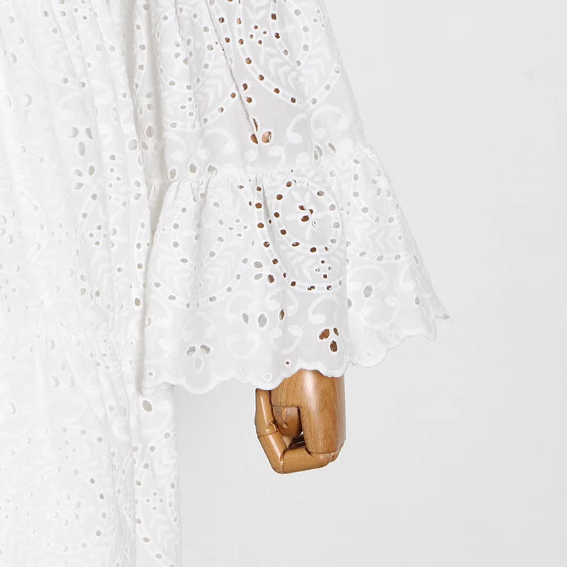 

TWOTWINSTYLE Elegant Bowknot Lace Dress For Women V Neck Long Sleeve High Waist Maxi Dresses Female Fashion New Clothing 2021