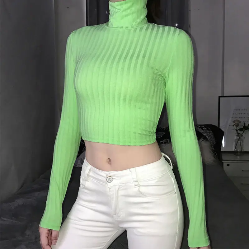 2020 Womens High Collar Cropped Tops Ladies Slim Fit T Shirt Long Sleeve T-Shirts Sexy Backless Turtleneck Tees Women | Женская одежда
