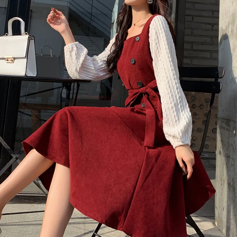 Модное женское платье из двух частей осеннее с квадратным воротником