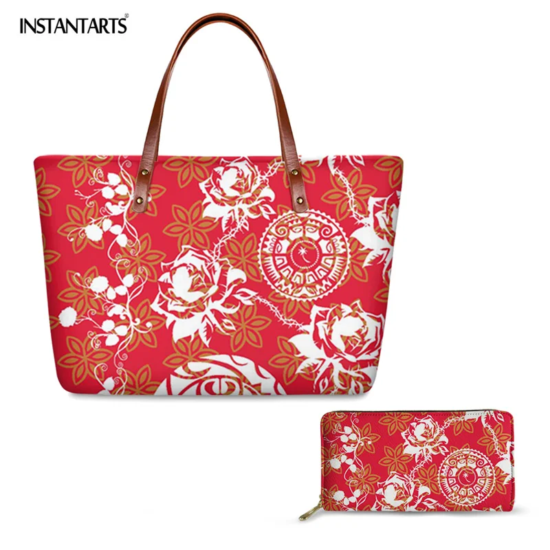 

INSTANTARTS Women Top-handle Bag Samoan Tribe Polynesian Stripes Pattern Large Capacity Shoulder Bags 2pc Girls Handbag Wallet