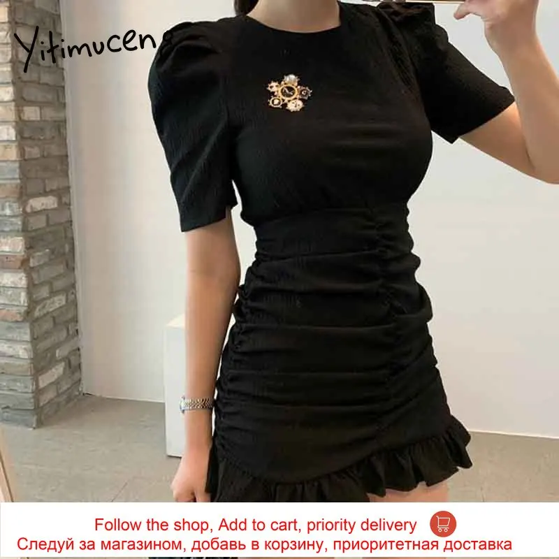 

Yitimuceng Ruched Dresses Women Ruffles Trumpet Puff Sleeve High Waist Unicolor Sundress 2021 Summer Fashion New Mini Dress