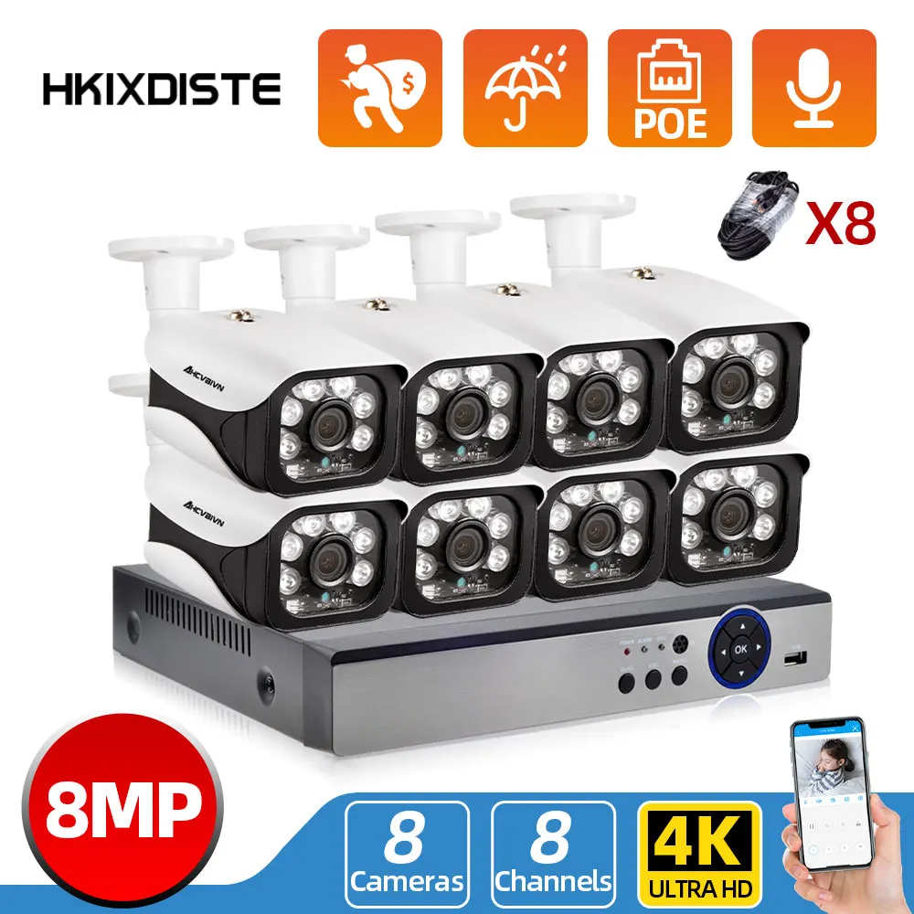 

HKIXDISTE 4K 8CH комплект видеонаблюдения 8MP CCTV Camera Security System H.265 запись звука Poe Bullet IP Camera NVR Set