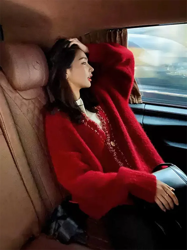 Красный кардиган пальто свободный свитер с V образным вырезом новинка 2021 осенне