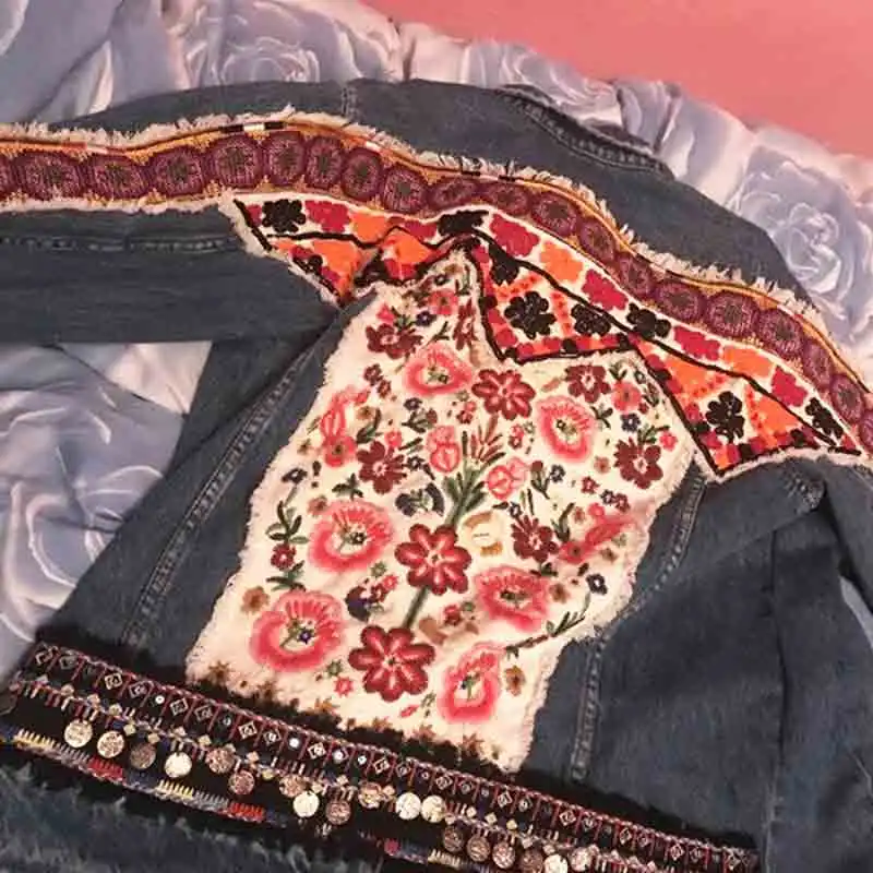YAMDI Женская осенне-зимняя куртка винтажная богемная джинсовая вышивка женская верхняя одежда кардиган с цветочным принтом шикарное пальто