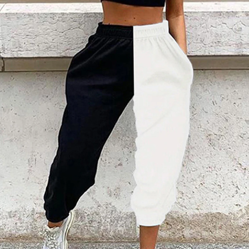 

High Waist Sweatpants Black&White Patchwork Sporty Harem Pants Autumn Winter Women Loose Casual Sporty Streetwear Trousers