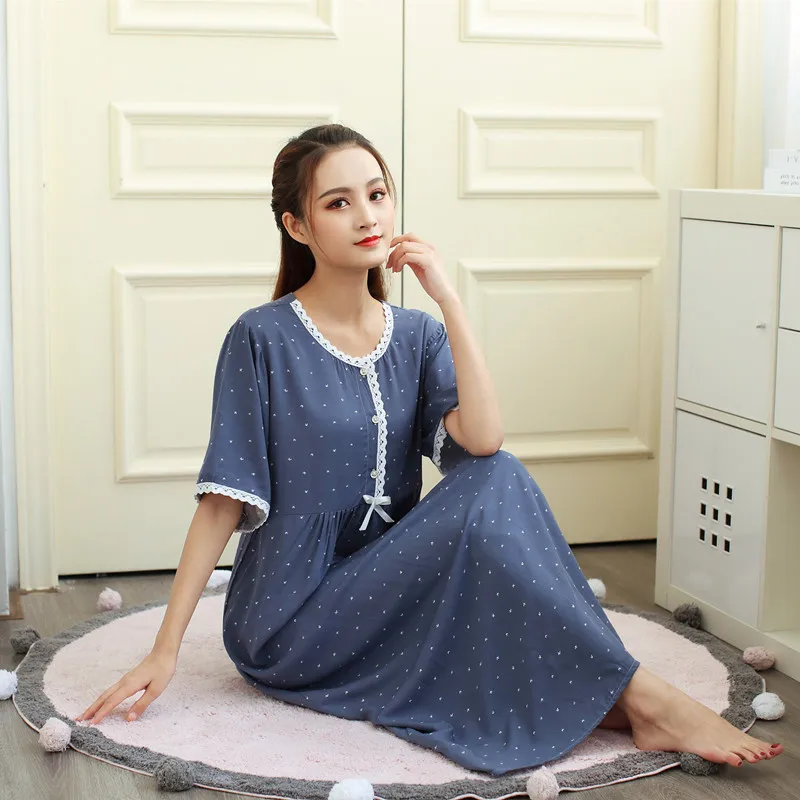 

Summer Nightdress Women Short Sleeve Polka Dot Cotton Nightwear Sleepdress Sleepshirt Home Dressing Gown Womens Pajama Plus Size