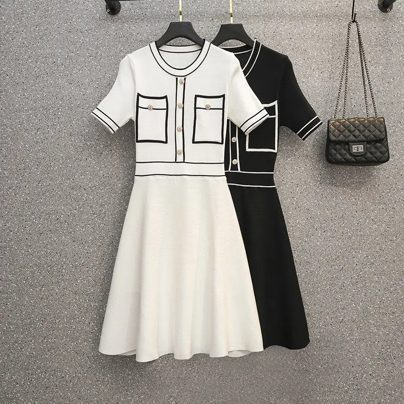 

2021 Summer New Splicing Pocket Dress Fashion Plus Size Short Skirt Was Thin Knit Dress Office Commuter Skirt
