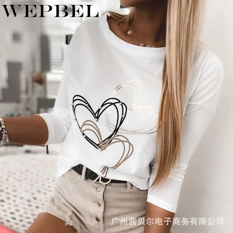 

WEPBEL Women Autumn Long Sleeve Shirt Casual Ladies O Neck Bronzing Beads Stitching Loose T-shirt Top