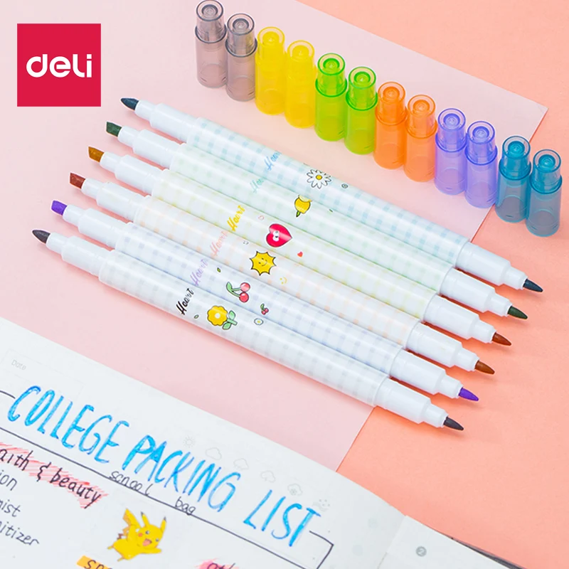 

Deli 6Pcs/Box Double Headed Highlighter Pen Set Fluorescent Pen for Art Drawing Marking School Office Stationery текстовыделител