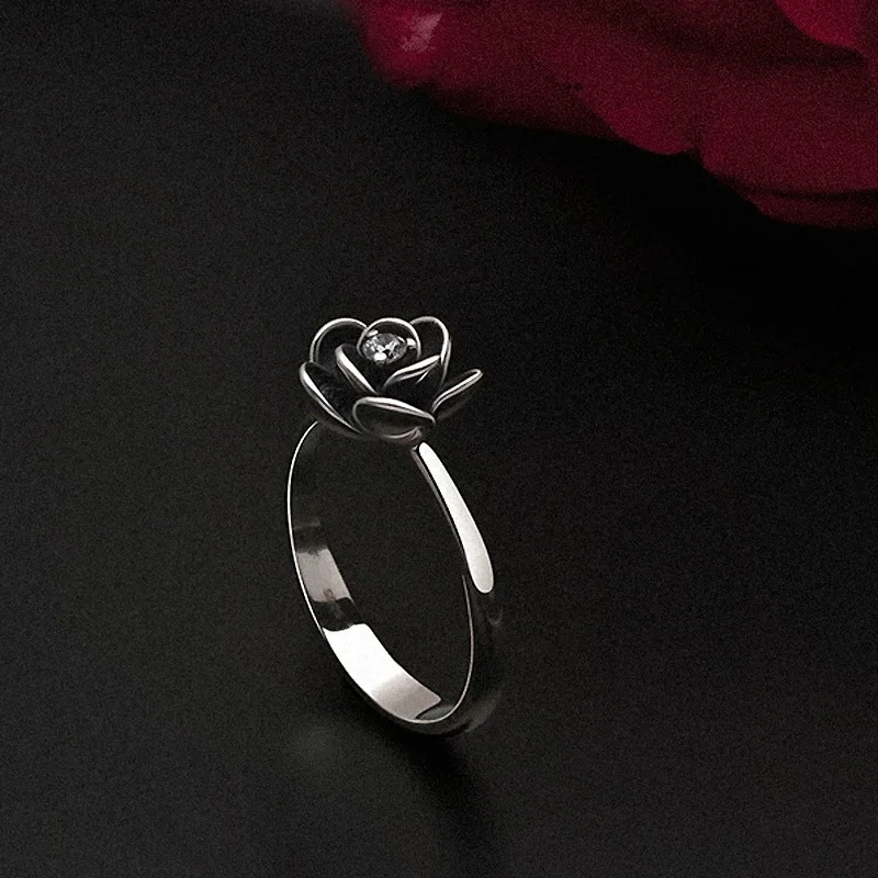 

925 Silver Vintage Rose Inlaid Zircon Ring Fashion Flower Engagement Ring for Women Silver Jewelry Ring Wholesale