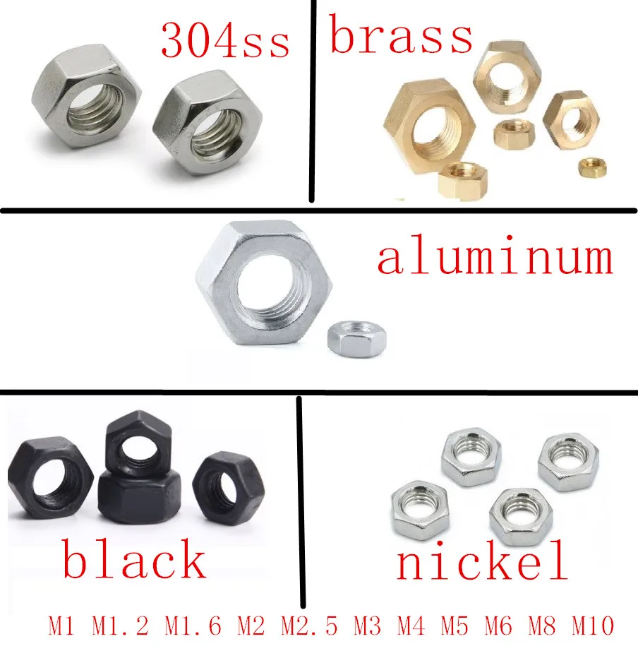 

5-50pcs m1 m1.2 m1.4 M1.6 M2 M2.5 M3 M4 m5 m6 m8 Stainless steel steel with black nickel brass aluminum Hex Nut