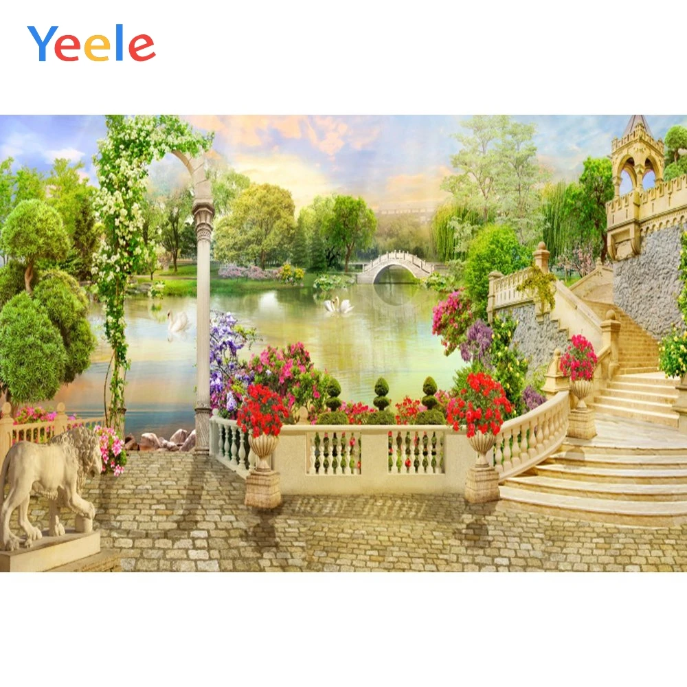 Летний фон для фотосъемки Yeele Coastal City Stone House Flower Tree Stair на заказ для фотостудии