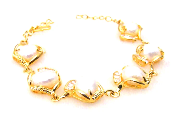 

Qingmos 12-14mm Baroque Natural White Pearl Bracelet for Women with Gold Color Metal Chain Bracelet Adjustable 7-8.5" Bracelet