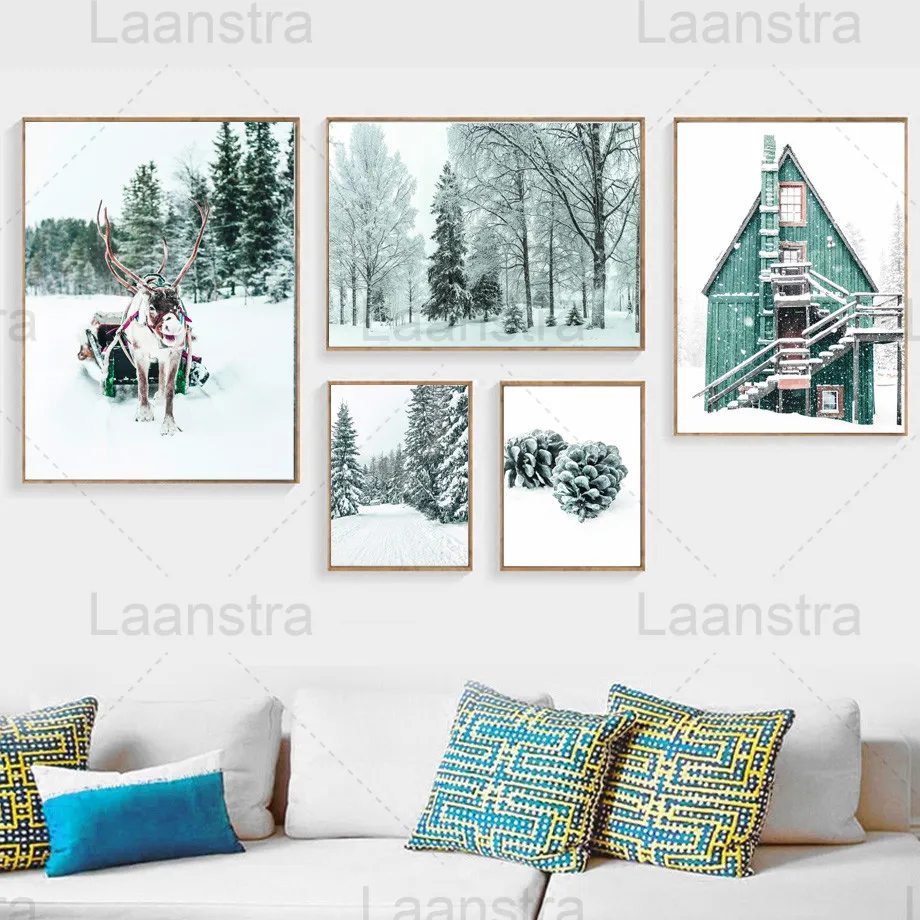 

Winter Forest Home Decoration Painting Elk Sleigh Snow Log Cabin Living Room Canvas Art Poster Pine Cone Bedroom Print Landscape