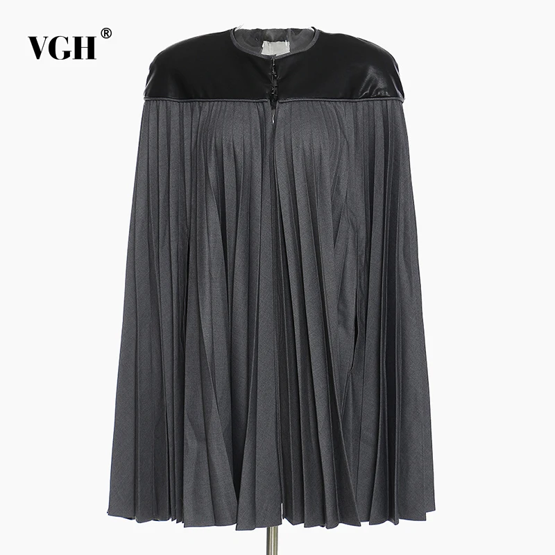 

VGH Casual Patchwork PU Leather Oversized Coat For Women Round Collar Sleeveless Loose Coats Female Clothing 2021 Fashion Style