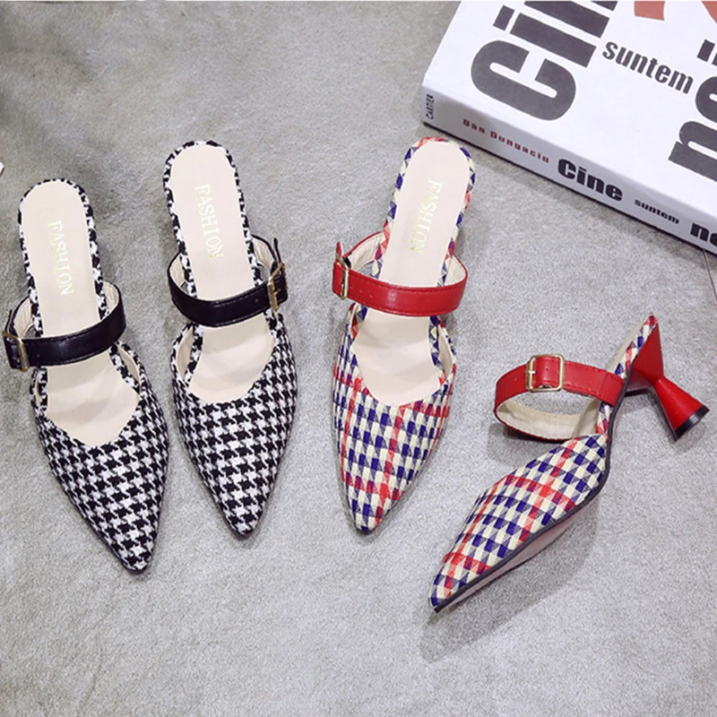 

Timalina Women Slippers Plaid Sandals Fashion Wild Casual Slippers Pointed Toe Low Heel Summer Bow Slides Zapatos De Mujer