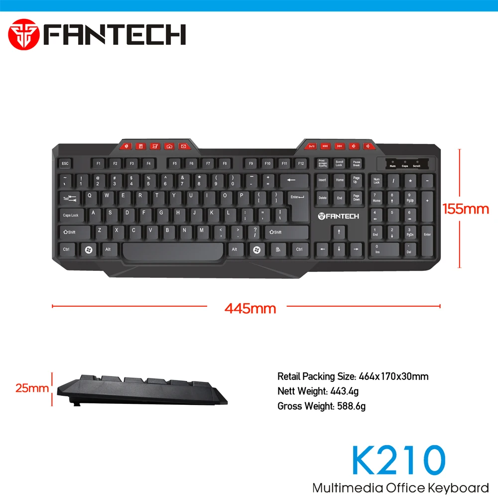 Проводная USB клавиатура FANTECH K210 10 мультимедийных кнопок 114 кнопки английская