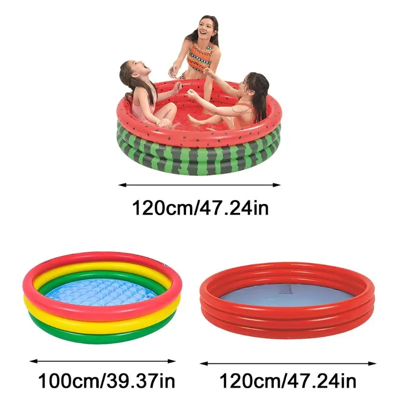 

PVC Inflatable Three-ring Round Swimming Pool Rainbow/Watermelon/Solid Color Red Printing Portable Children Outdoor Pool