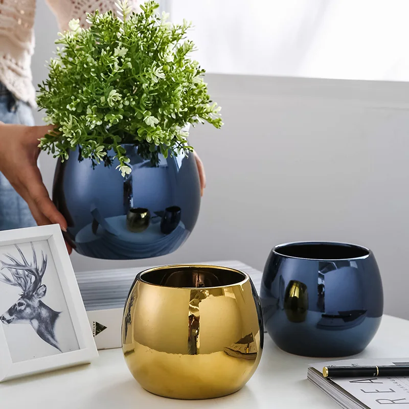 

Vase Home Decor Gold Plated Ceramic Flowerpot Nordic Indoor Room Flowers Pot Table Top Green Plants Vases Decoration ваза