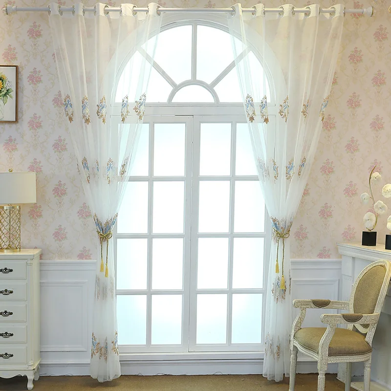 

European-style Embroidered Window Curtain Tulle Gauze Curtains for Bedroom White Yarn Bottom Curtains for Living Room Balcony