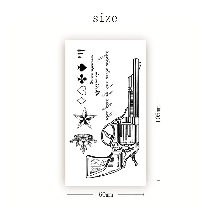 

Gun Cool Women Men Temporary Tattoo Sticker Black English Five-pointed Star Crown Arm Body Art Small Size Fake Tattoo Sticker