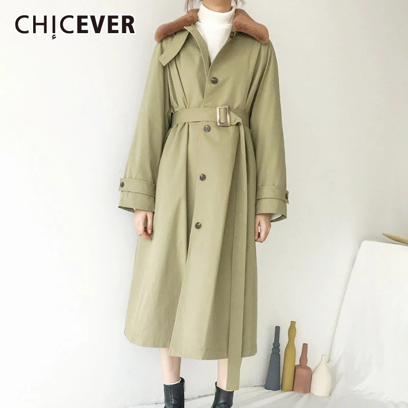 CHICEVER лоскутный мех Женская ветровка воротник с лацканами длинным рукавом прямой