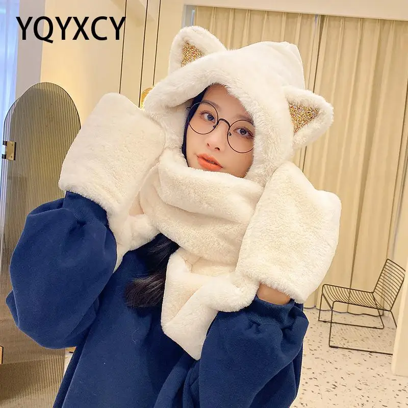 

YQYXCY Hat Women Winter Scarf Glove Set Plush Thick Warm Ear Protection Cold Proof Outdoor Winter Hat Cap With Cat Ear Gorros