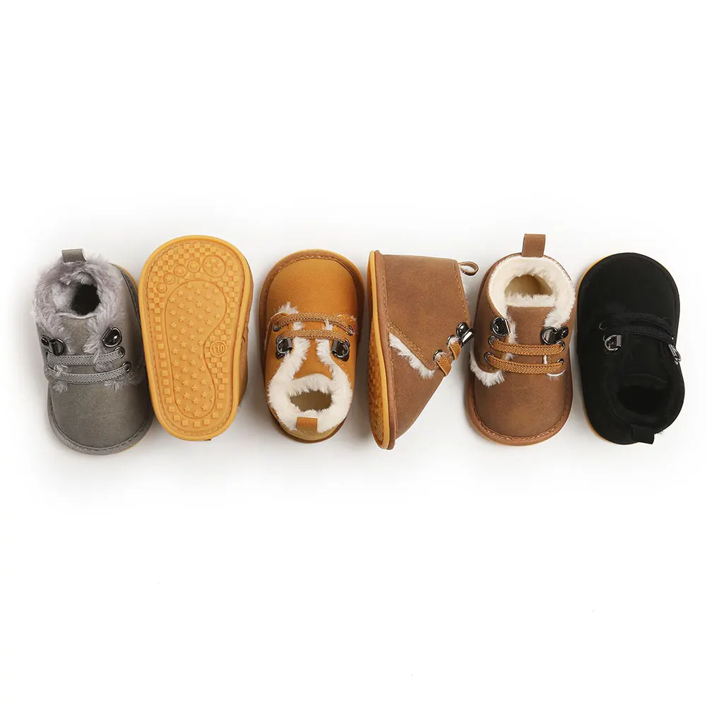 

Hot Selling Newborn Baby Booties Winter Warm Fur Lining Suede Non-Slip Rubber Sole Boots Infant Solid Prewalkers Casual Shoes