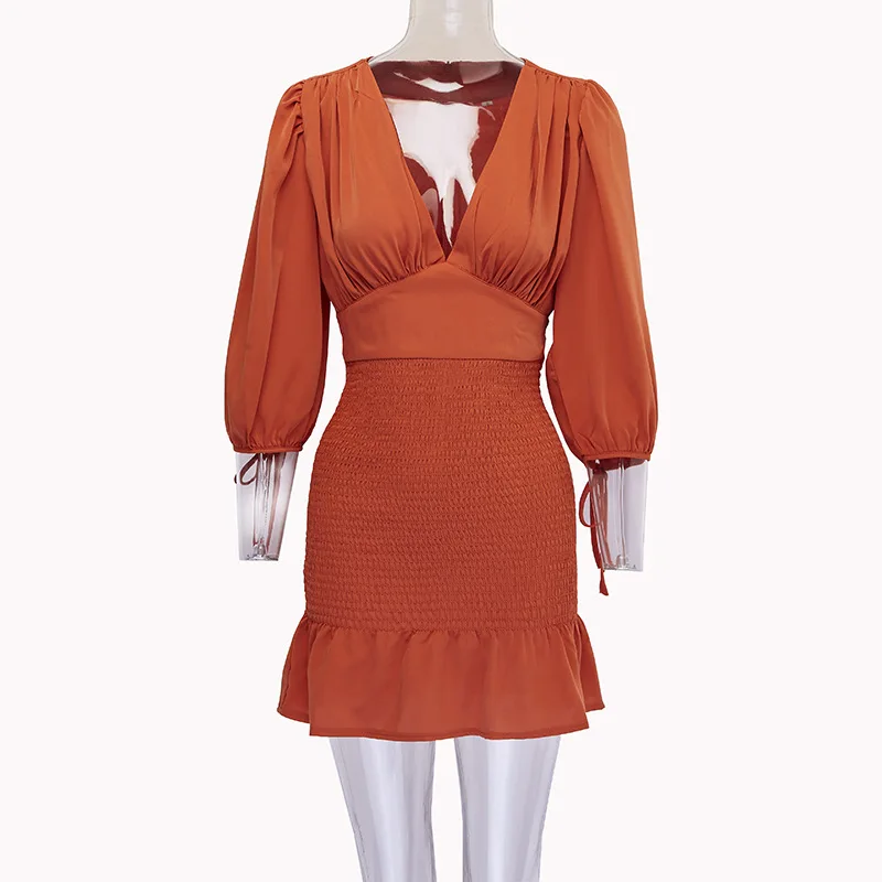 

2021 Summer New Fashion Dress Women's V-neck Mid-length Puff Sleeve Mini Skirt Dress Sexy Elastic Pleated Hip-up Hip Dress New