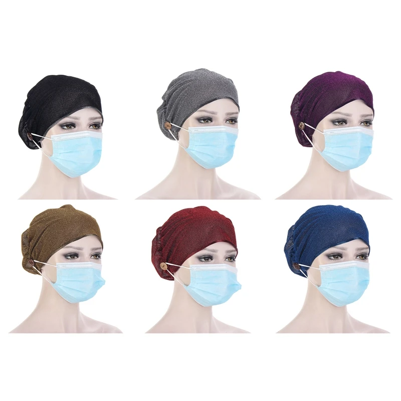 

Casual Women Turban Head Wrap Hat With Button Headwear Headscarf Bonnet Inner Hijabs Cap Muslim Hijab Chemo Hats Turbantes Caps