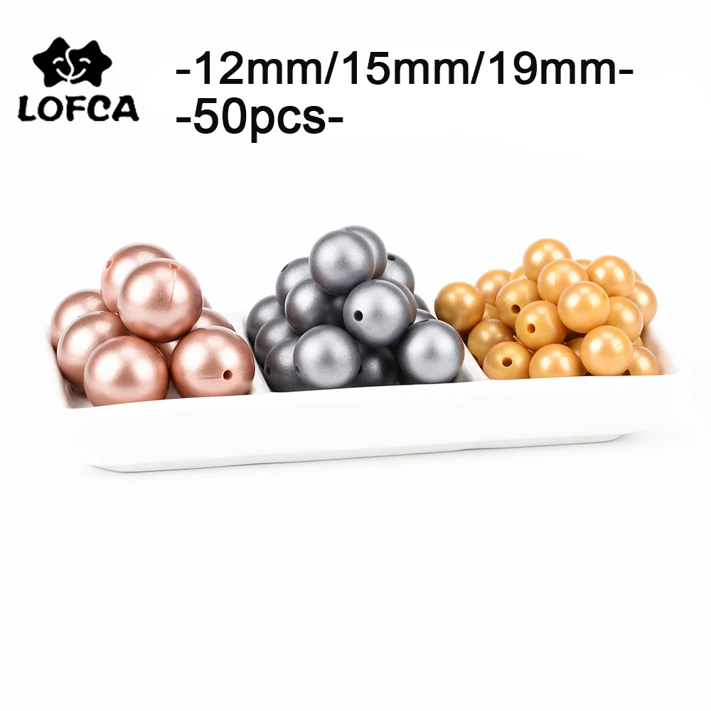 

LOFCA 50Pcs metallic silver Print 12/15/19mm Silicone Loose Beads DIY Chewable Teething Beads BPA Free Baby Teether