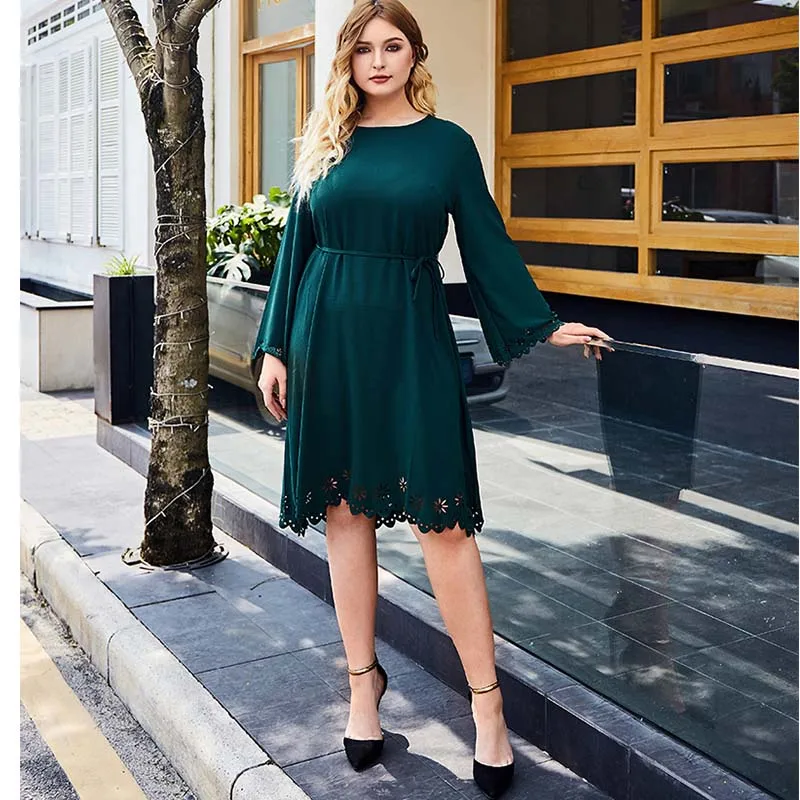 WHZHM Green Dresses Feminina Long Flare Sleeve Hollow Out O-Neck Bandage Elegant Floral Plus Size 3XL 4XL Sashes Dress Women | Женская