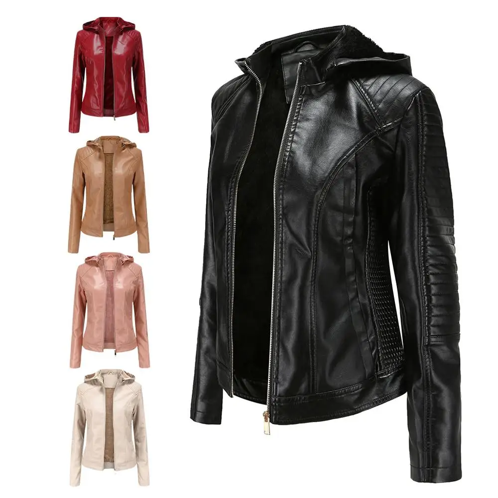 

Winter women's jacket 2020 plus size plus velvet leather fashion hooded short jacket warm all-match casual party jacket