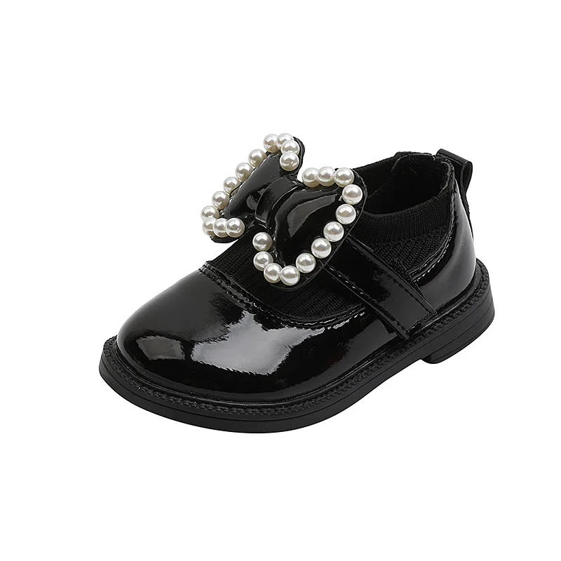 Zapatos planos suaves y c&oacute;modos para ni&ntilde;as, calzado de piel con lazo de perlas y abalorios de princesa, para primavera y oto&ntilde;o-5