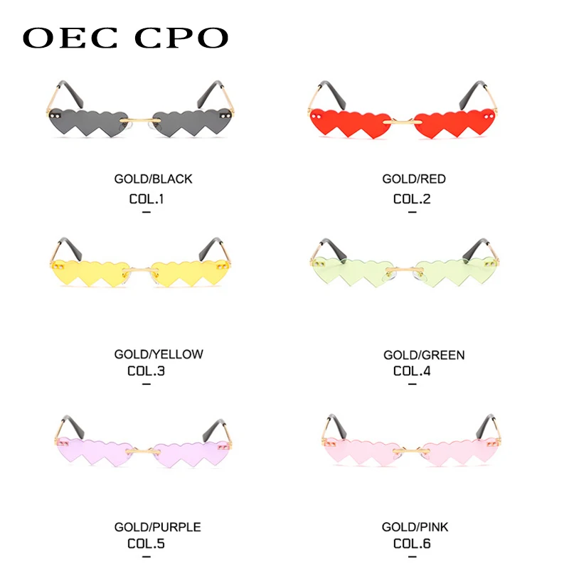 

OEC CPO Small Personality Sunglasses Women Rimless Love heart Sun Glasses for Women Fashion style Red Pink Female uv400 Glasses
