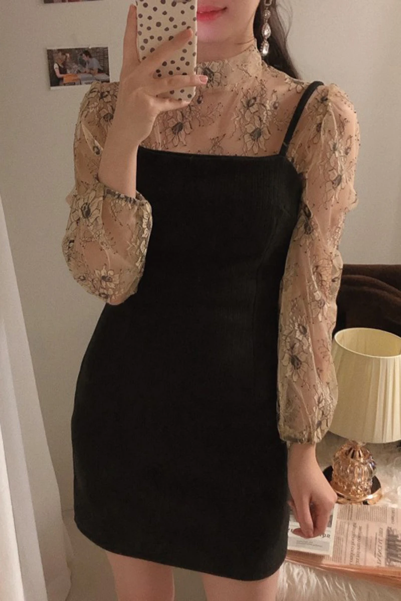 

Newest Autumn Elegant Sexy Floral Lace Women Blouse Temperament Stand Collar Long Sleeve Shirt Black Spaghetti Strap Dresses