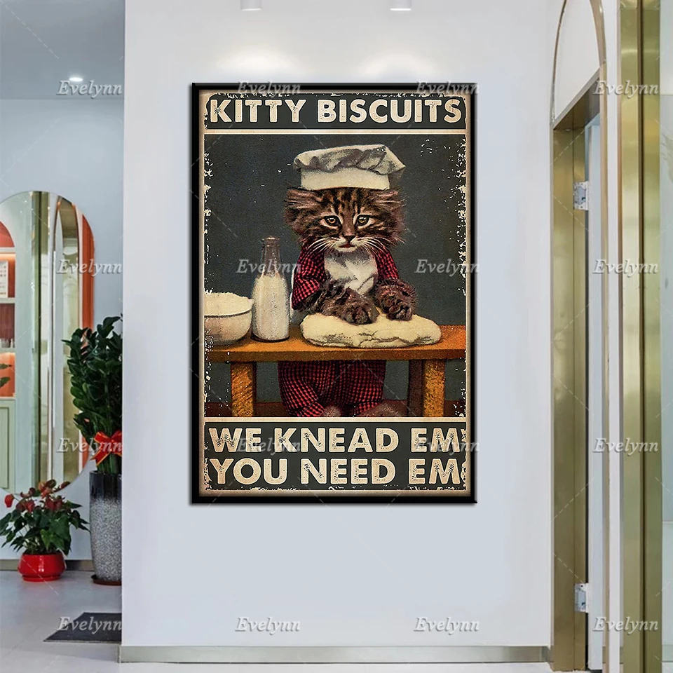 

Baking, Cat Lovers Baker Kitty Biscuit We Knead Em You Need Em Retro Poster Kitchen Home Living Decor Prints Wall Art Canvas