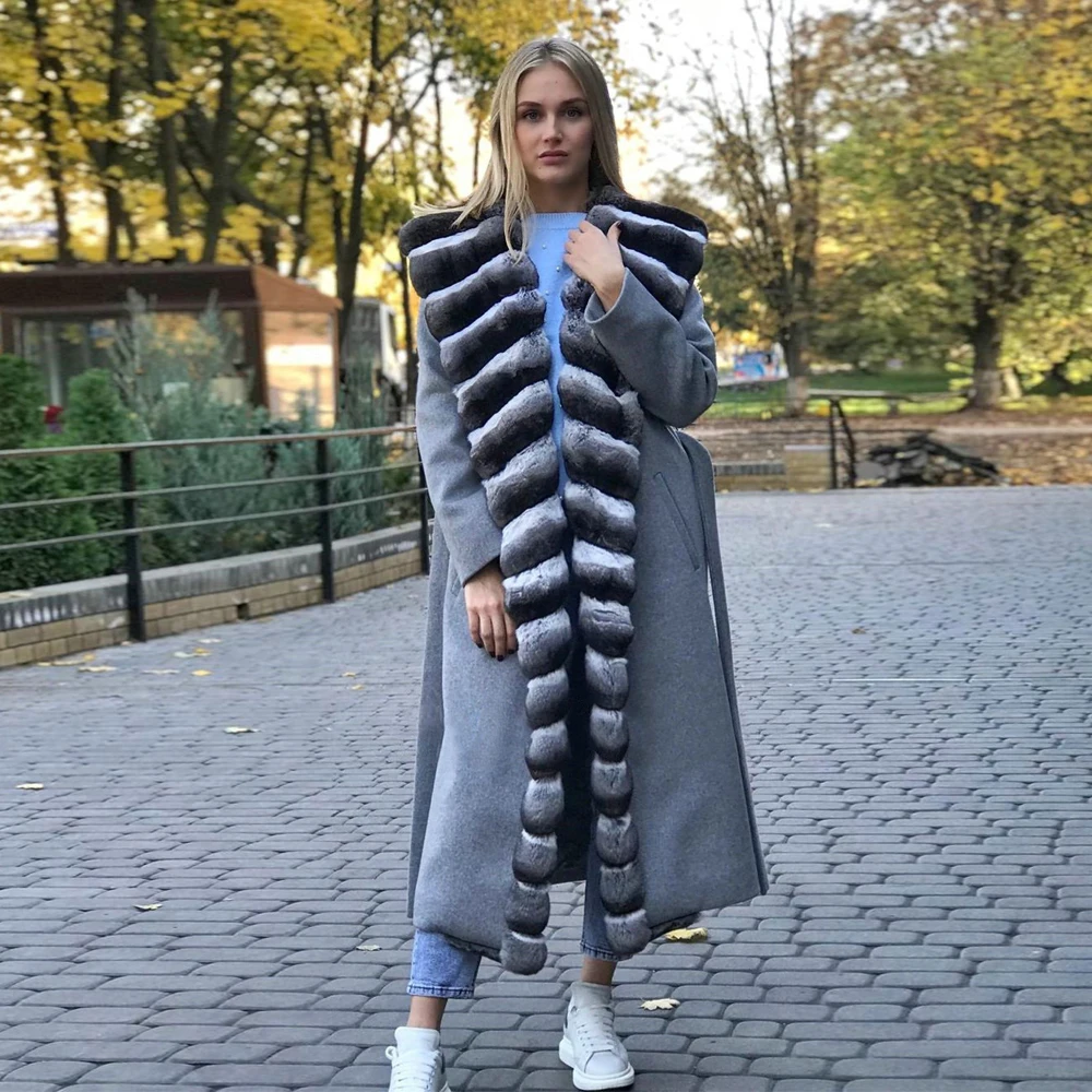 

Fashion Long Wool Blends Coat with Whole Skin Rex Rabbit Fur Collar Woman Natural Cashmere Coats Rex Rabbit Fur Overcoats Female