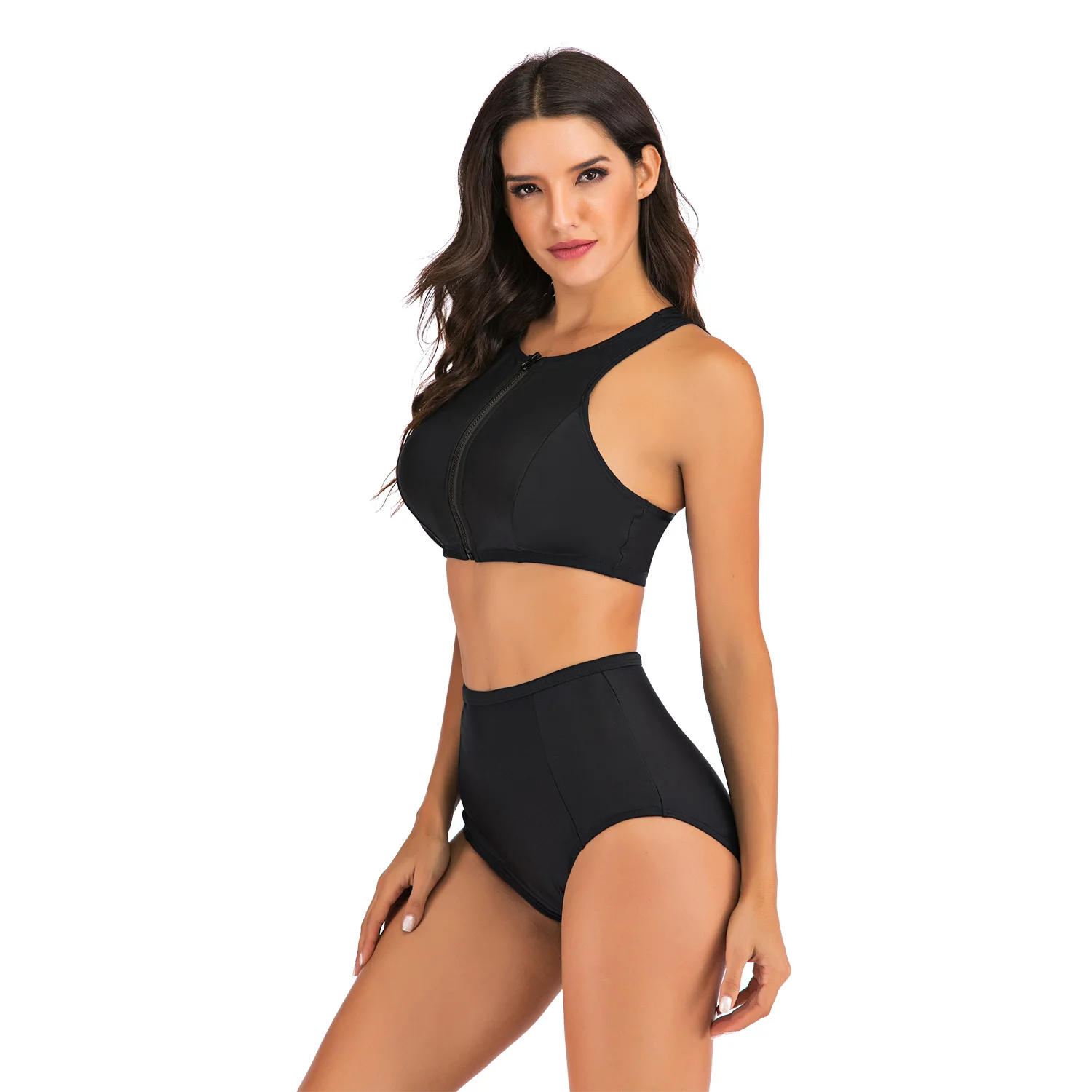 Women's European And American Bikini Solid Color Zipper Sexy Large Sports Swimsuit | Женская одежда