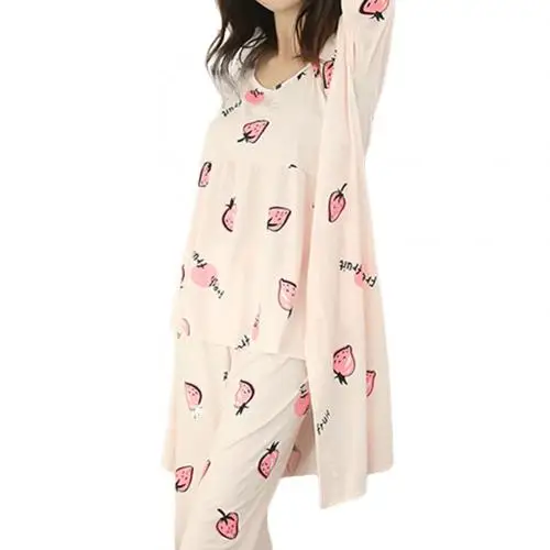 Pink Strawberry Комплект из 3 предметов, Пижама для отдыха, Женский цветочный принт, длинный рукав, кардиган, жилет, длинные штаны, комплект одежды для сна, мягкий халат, приятный для кожи - Цвет: Pink Strawberry