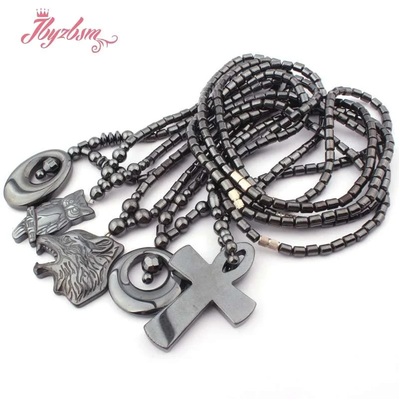 

4x5mm Column Black Hematite Energy Healing Natural Stone Heart Cross Pendant Necklace for Women Men Fashion Cool Jewelry 17"