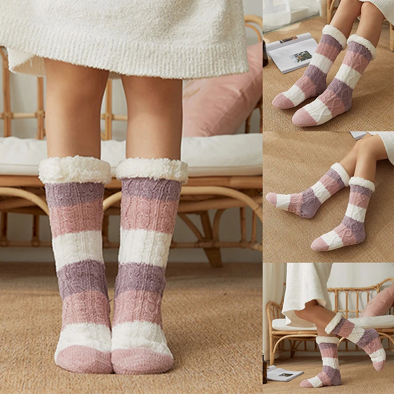 

Зимние плотные вязаные носки с флисовой подкладкой, женские теплые пушистые носки-тапочки, новинка