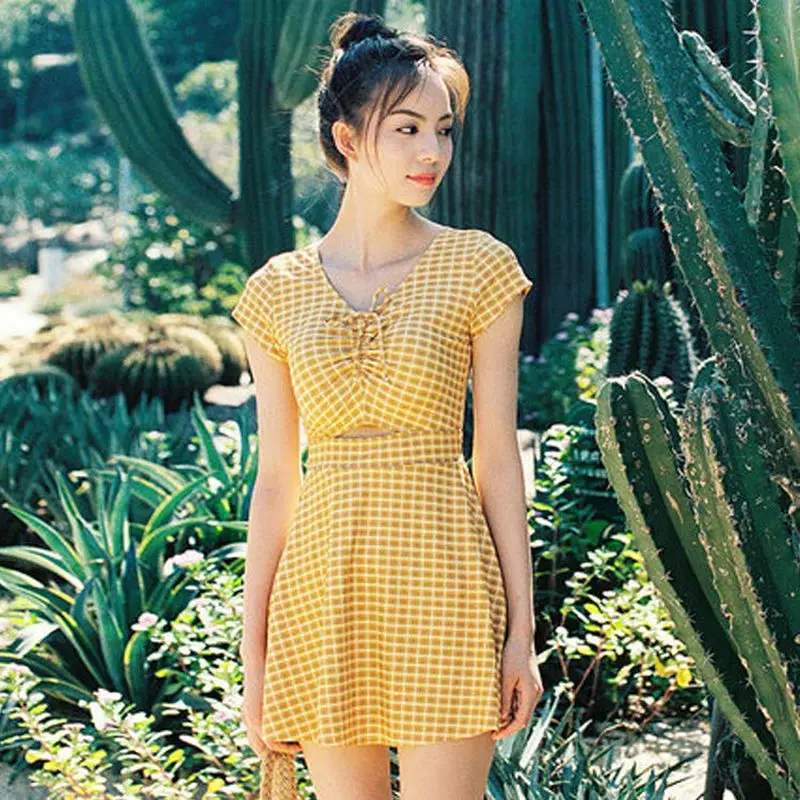 

Plaid One-Piece Swimsuit Thin Gathered Sexy Female Women Swimming Skirt Boxer Shorts Korea Ins Harajuku Style Swimming Suit