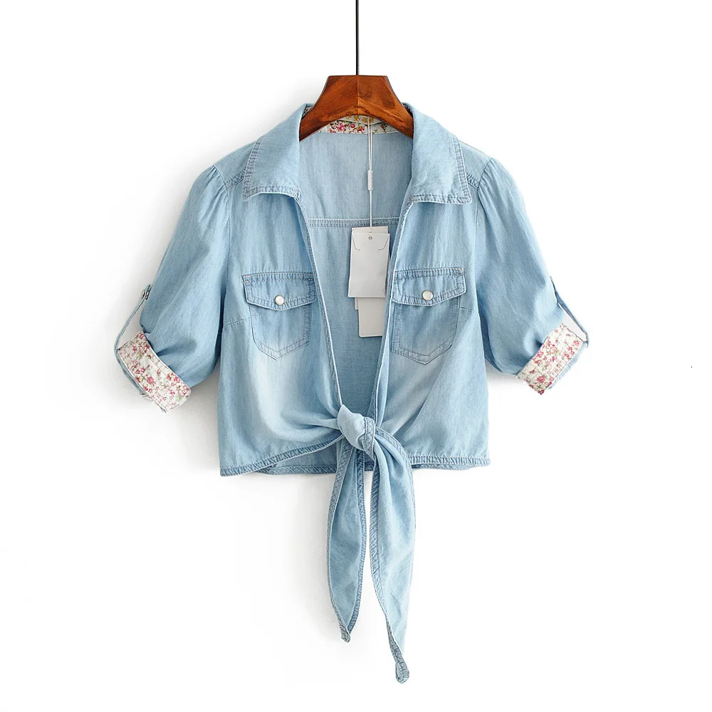 Ruoru, кимоно, джинсовая рубашка, короткий рукав, женские топы, Chemise Femme, укороченный топ, сексуальные короткие джинсы, рубашка, блузка, летние женские рубашки