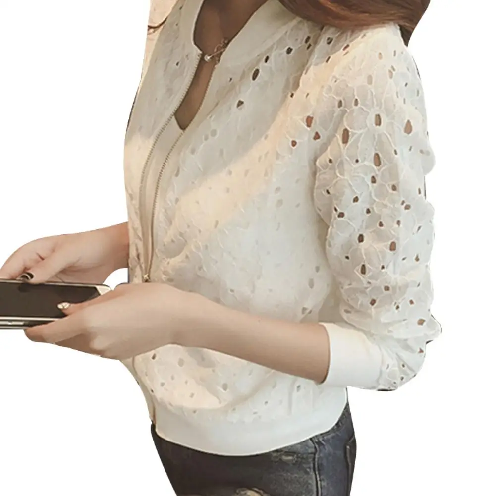 Осенняя модная женская однотонная кружевная куртка с длинным рукавом пальто на
